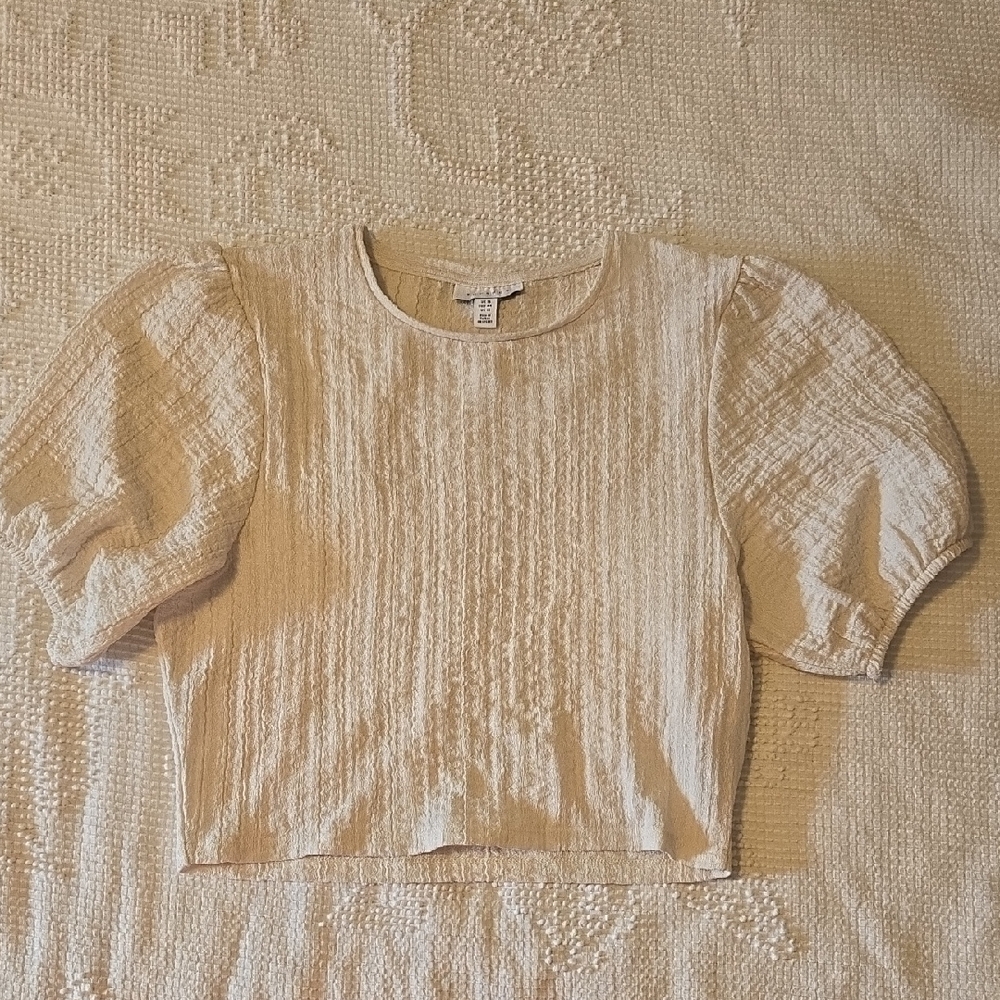 Topshop Cream Textured Crop Top With Puff Sleeves